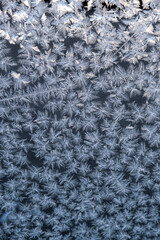 Frosty pattern on glass. Winter crystals on glass. Abstract background, selective focus.