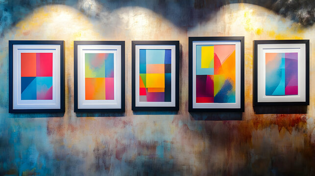 A vibrant wall display of colorful abstract art, framed in sleek black frames and hung on a textured wall