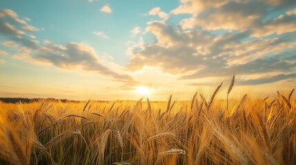 Obraz premium Golden Wheat Field Sunset Sky Scene