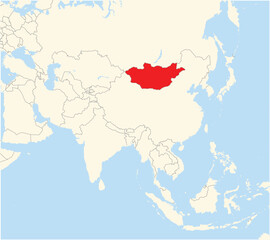 Location Map of the country Mongolia in Asia. The country is highlighted with a red polygon. No labels at all.