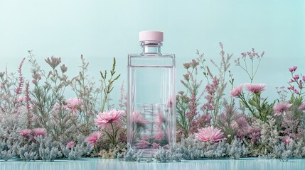 a transparent glass bottle of spring water floating amidst splashing water and glowing pastel...