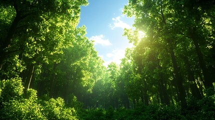 Fototapeta premium Sunlight Streaming Through Lush Green Forest Canopy in Nature