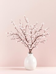 Cherry blossom arrangement on a white stand against pink background, Romantic, pastel ambiance., creative concept, themed event, floral presentation