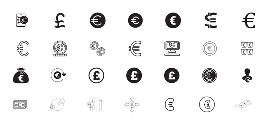 Euro sign icon set, symbol, icon, currency, money, sign, finance, business, euro, vector, bank, wealth, exchange, dollar, cash, investment, illustration, payment, banking, economy, financial, market.