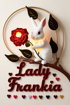 Elegant 3D Velvet Art &ndash; White Bunny with Glowing Rose & &lsquo;Lady Frankia&rsquo; Inscription