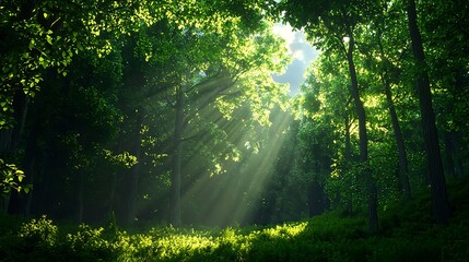 Obraz premium Sunlight Shining Through Lush Green Forest Canopy in Serenity