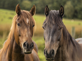 Obraz premium Two horses, one chestnut and one dark brown, stand side-by-side in a serene rural field, displaying alert expressions.