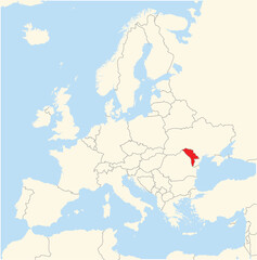 Obraz premium Location Map of the country Moldova in Europe. The country is highlighted with a red polygon. No labels at all.