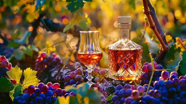 Bottles of brandy against the backdrop of a vineyard. Selective focus. drink.
