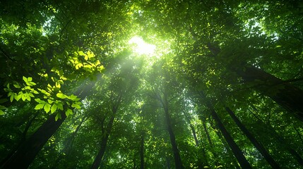 Obraz premium Sunlight Streaming Through Lush Green Trees in Dense Forest Canopy