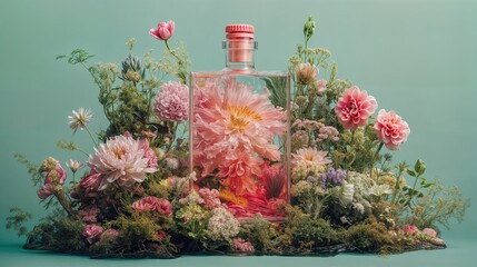 a transparent glass bottle of spring water floating amidst splashing water and glowing pastel...