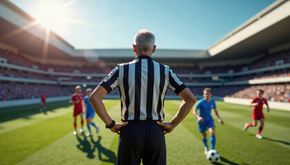 Obraz premium A soccer referee stands monitoring fair play with hands on hips, as football players immerse in a competitive match on a bright afternoon. Spectators cheer from the stands