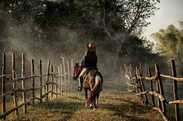 woman  riding a horse in farm.