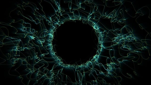 Seamless loop background with abstract ring made of floating strings with empty black space for logo. Ethereal lines screensaver for music festival visuals or stage art performance. Looped 4K 60fps