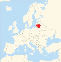 Fototapeta premium Location Map of the country Lithuania in Europe. The country is highlighted with a red polygon. No labels at all.