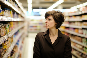 Hombre observa con preocupación los precios en un del lineal de un supermercado por la inflacion	
