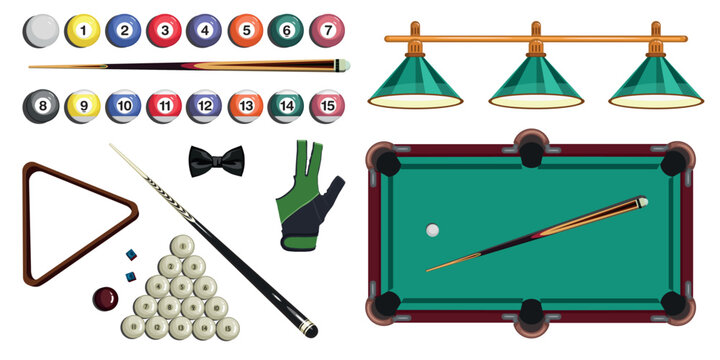 Billiards equipment set in vector style, featuring numbered balls, two cues, a triangle rack, and gloves. The green pool table under classic overhead lights on the white background.