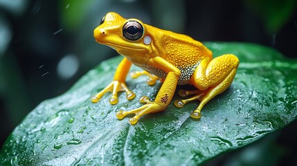 Golden poison dart frog perched a large green leaf in the tropical rainforest its vibrant yellow body glowing against the dark wet surroundings captured with a macro lens for intricate detail