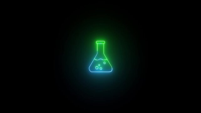 Neon glowing beaker or test tube animation background. Laboratory glassware sign. 4K Video motion graphic animation.