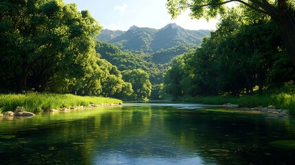 Obraz premium Serene River Flowing Through Lush Green Forest Under Bright Sky