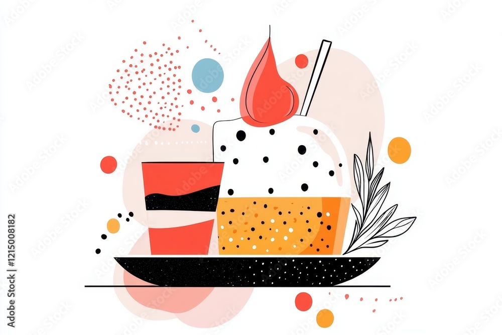 Poster a bright and playful depiction of a slice of zucchini bread on a plate, drawn with soft lines and vi