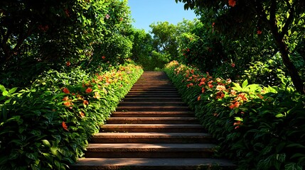 Obraz premium Serene Garden Steps Surrounded by Lush Greenery and Vibrant Flowers