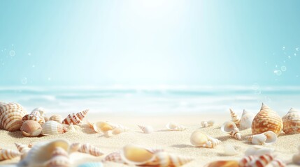 Shells on the sand beach theme background