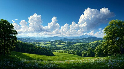 Fototapeta premium Expansive Green Landscape with Rolling Hills and Dramatic Clouds