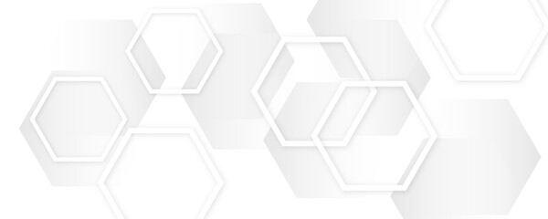 White and gray hexagon abstract technology background. Tech or science concept seamless bright honeycomb banner design. 