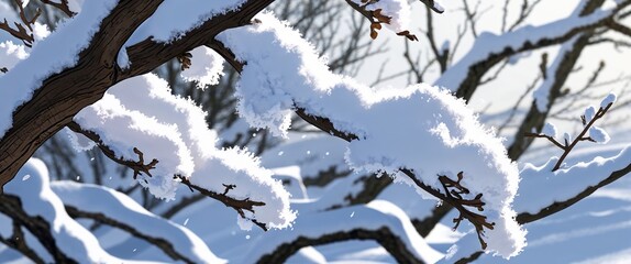 Crisp white snow on bare oak branches illustration background design