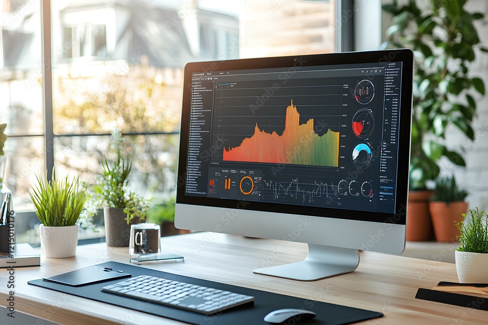 Poster graphics on a computer screen in high-tech style
