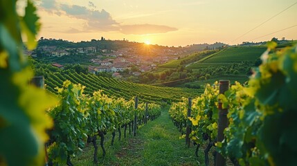 Fototapeta premium Serene Vineyard Landscape at Sunset with Rolling Hills and Golden Light