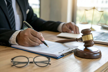 A person in a suit writes notes at a desk with a gavel and glasses, emphasizing legal work and professionalism in a law office setting.