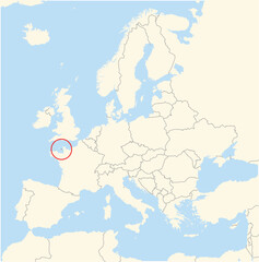Location Map of the country Jersey in Europe. The country is highlighted with a red polygon. No labels at all.