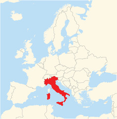 Location Map of the country Italy in Europe. The country is highlighted with a red polygon. No labels at all.