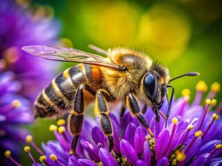 Fototapeta premium Honey Bee on Purple Flower, Macro Photography, Black Gold Bee, Insect, Pollen