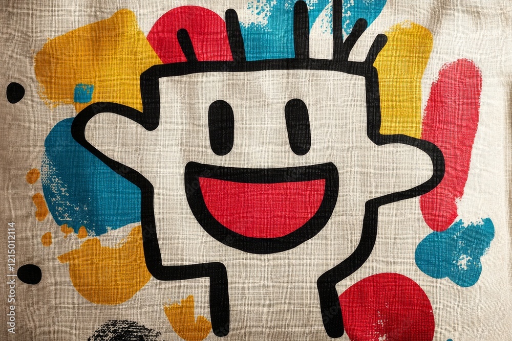 Poster A clean and simple depiction of a happy face made with abstract shapes in bright, cheerful colors on a plain canvas
