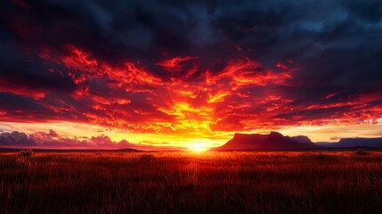 Fototapeta premium Stunning Sunset Over Mountains with Dramatic Cloudscape and Fields