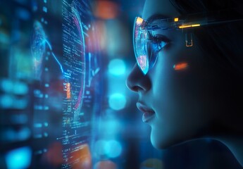 Software coding hologram and woman on tablet thinking of a solution