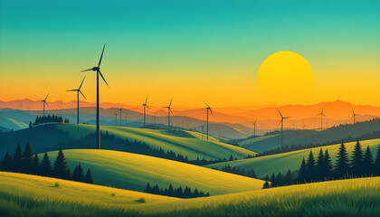 Wind Turbines on Green Hills – Symbolizing Renewable Energy, Sustainability, and Eco-Friendly Power Generation