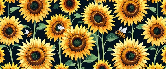 Fototapeta premium Golden sunflowers with bees hovering over petals illustration background design