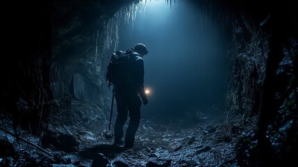 Silhouette Of A Lone Explorer Navigating A Dark And Mysterious Cave In A Lush, Tropical Jungle