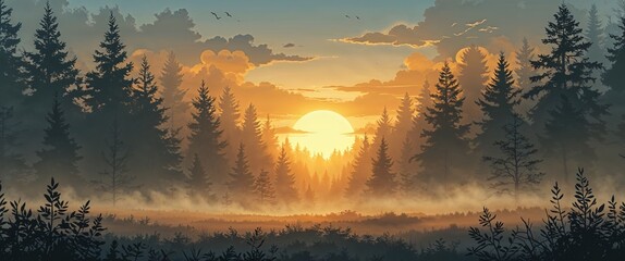 Fototapeta premium Golden sunrise peeking through dense forest fog illustration background design