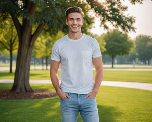 Young man wearing white t-shirt and jeans standing in the park
