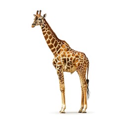 Obraz premium Giraffe Portrait: A majestic giraffe stands tall, showcasing its distinctive spotted coat and elegant long neck against a clean background. Its calm demeanor evokes a sense of serenity and grace. 