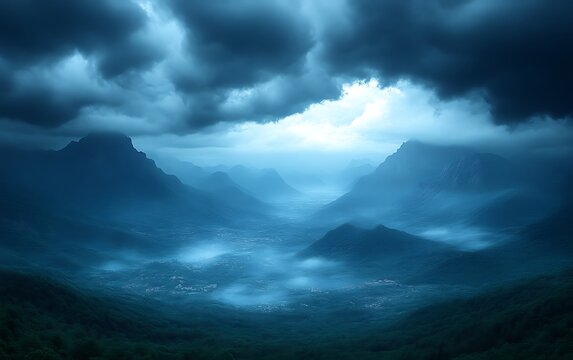 Dramatic moody mountain valley landscape with storm clouds.