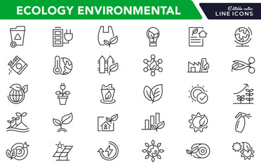 Ecology Environmental line icon set. Sustainable development, net zero, climate crisis, recycle, electric, global, warming, tsunami, acidification, melting line icon set. UI thin line icon pack.