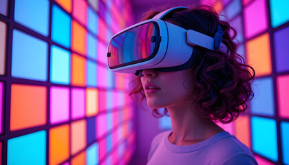 Young Woman Wearing VR Goggles in High-Tech Environment – Experiencing Virtual Reality with Futuristic Screens.