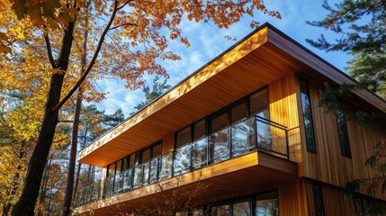 Modern Wooden House in Autumn Forest
