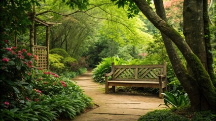 A low wooden bench nestled amidst the greenery offers a cozy spot for contemplation inviting the observer to pause and appreciate the intricate beauty of natures design.